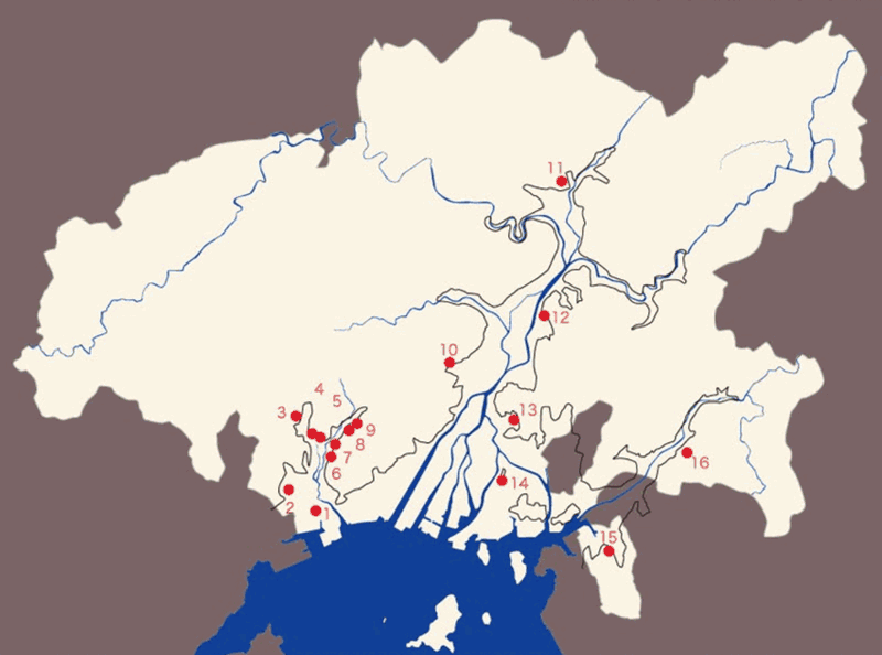 市内の縄文土器出土遺跡分布図